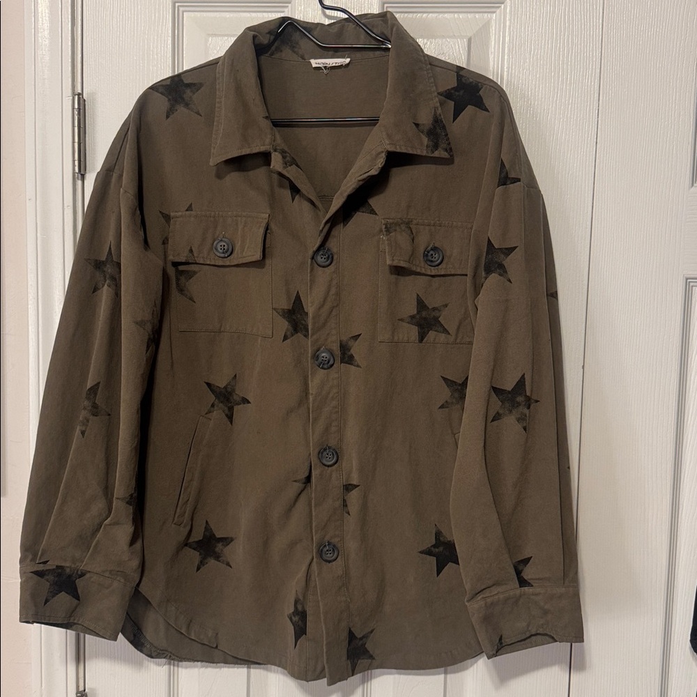 Olive Star Print Oversized Cotton Shacket